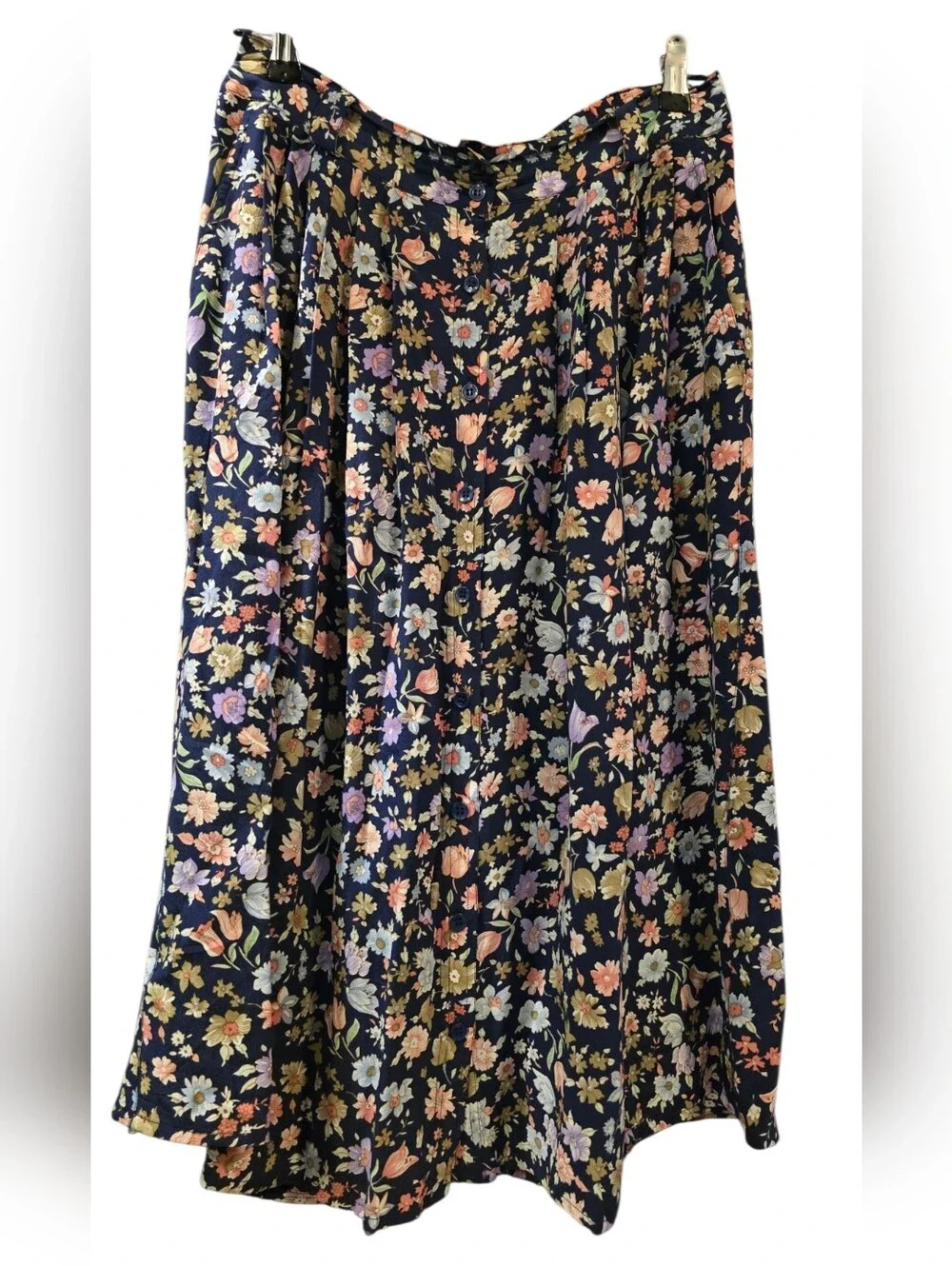 Vintage Lucky Italy Vintage Floral Button Front Pleated Silk Midi Skirt Navy L
